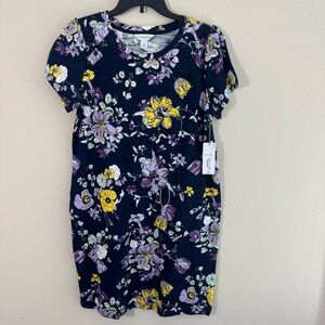Liz Claiborne women’s short sleeve Navy Blue Floral T-shirt dress Pockets Medium